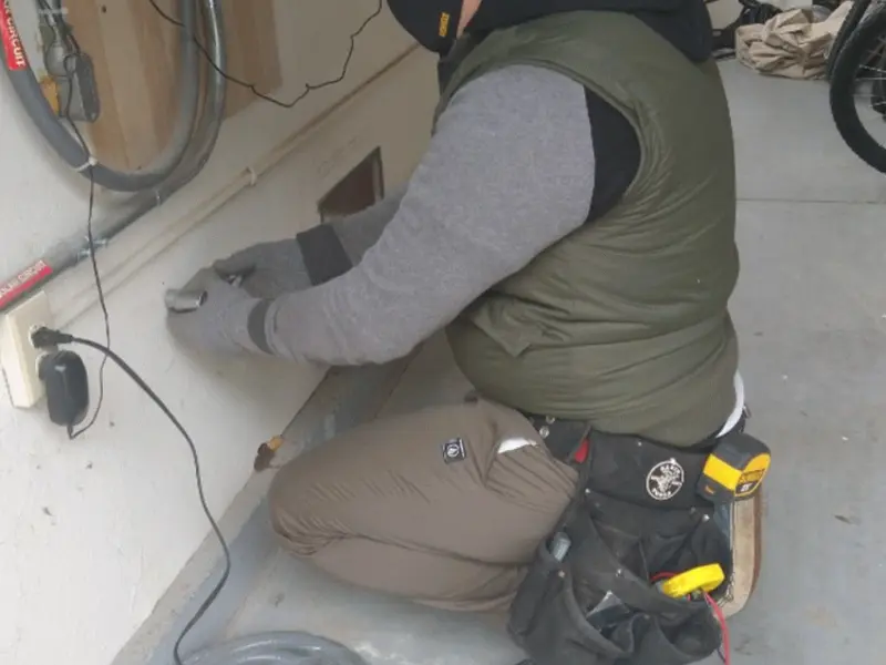 Electrician performing outlet wiring in a August garage